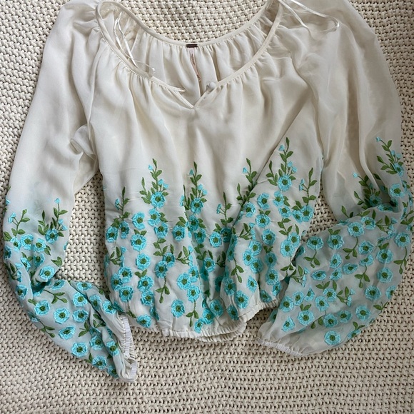 Free People Tops - Free People Floral Embroidered Women's Top - Cream and Green